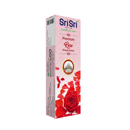 Sri Sri Tattva Premium Rose Dhoop Sticks For Pooja | Dhoop Batti / Sticks | Fragrances – Natural Rose | Bamboo-less | Free Stand | 50 g