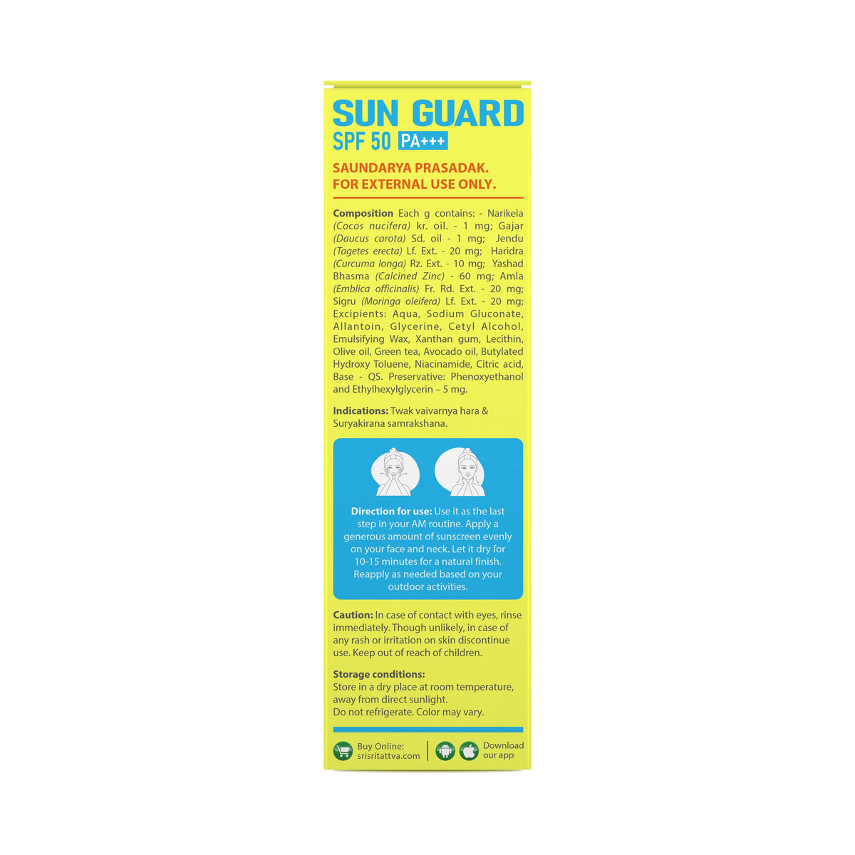 Sri Sri Tattva Sunguard, SPF 50 PA +++ | With Anti Oxidants Moringa, Carrot Seed Oil & Turmeric | 50 g