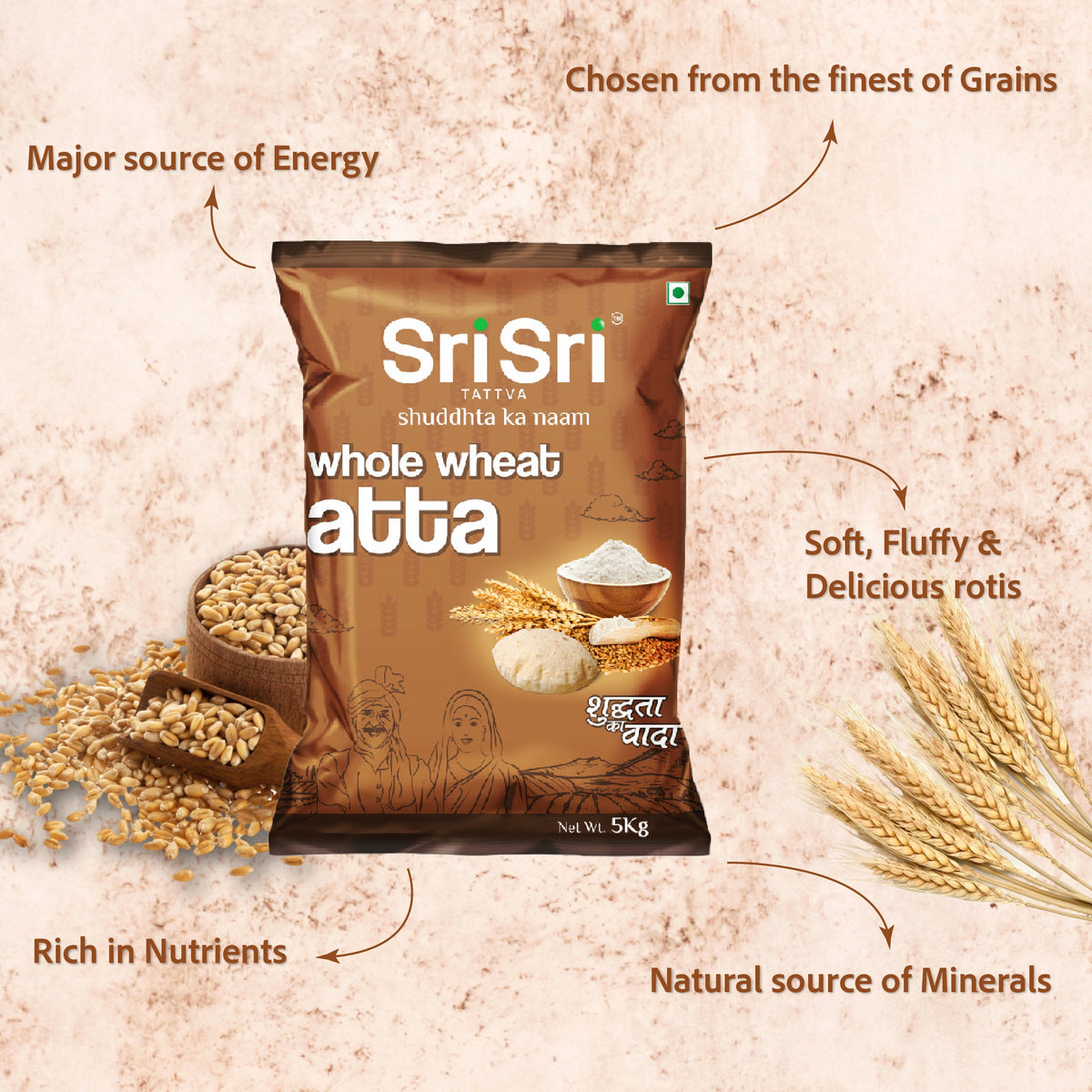 Sri Sri Tattva Whole Wheat Atta, 5 kg