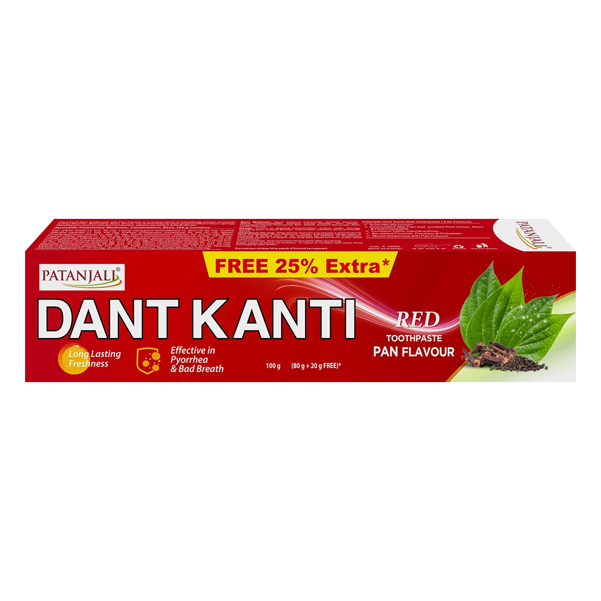 Patanjali Dant Kanti Red Toothpaste (Pan Flavour) 80g+25% Extra