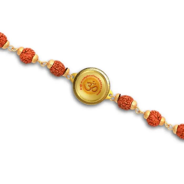 Diviniti Om with Gayatri Mantra Rudraksha Rakhi with 22MM 24K Gold Plated Foil Divine Raksha Bandhan Gift