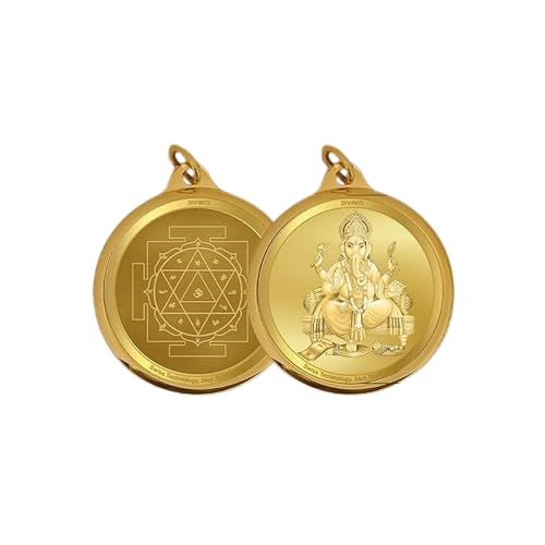 DIVINITI 24K Gold Plated Lord Ganesha & Yantra Double-Sided Pendant with Premium Gift Box, 22 mm Hindu Religious Locket, Luxury Spiritual Jewellery Gift for Men & Women