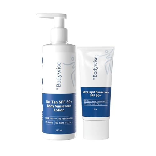 Be Bodywise Ultra light Face Sunscreen 50g & De-Tan SPF Body Sunscreen Lotion 175ml | Tan Correction & UVA & UVB Protection | SPF 50+ PA++++ | No White Cast, Acne-Safe | Light-weight & Non-greasy