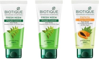BIOTIQUE 150ml- Fresh Neem- 2pcs, Papaya -1pcs (Pack of 3) Face Wash (450 ml)