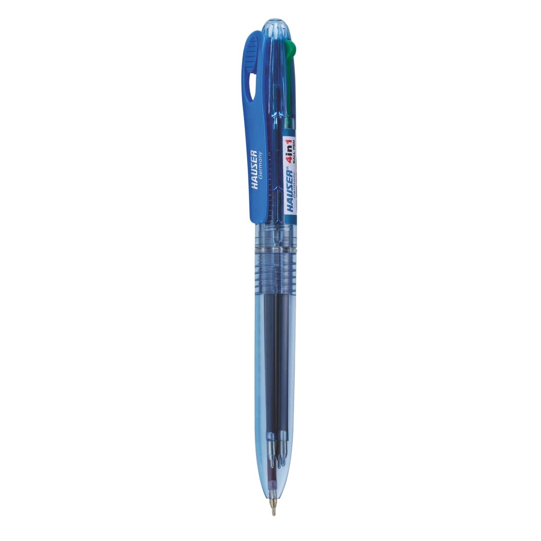 Hauser Germany 4 In 1 Retractable Ball Pen Box | Durable Transparent Body | 4 Ink Colors In One Pen | Low Viscosity Ink System | Acu Flow Writing System | Blue, Black, Red & Green Ink, Of 5 Pens