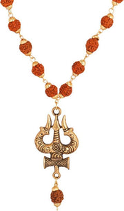ASTRODIDI Lord Shiva Trishul Damru Pendant Locket With Golden Brass Cap Puchmukhi Rudraksha Beads Chain | Spiritual Shiv Shankar Mala for Men and Women