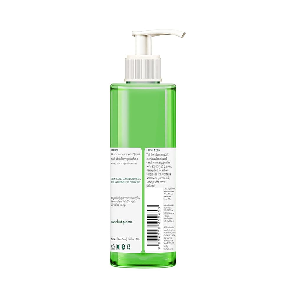 Biotique Fresh Neem Pimple Control Face Wash| Ayurvedic and Organically Pure| Prevents Pimples |100% Botanical Extracts| Suitable for All Skin Types | 200mL