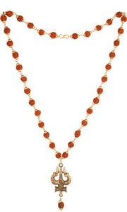 ASTRODIDI Lord Shiva Trishul Damru Pendant Locket With Golden Brass Cap Puchmukhi Rudraksha Beads Chain | Spiritual Shiv Shankar Mala for Men and Women