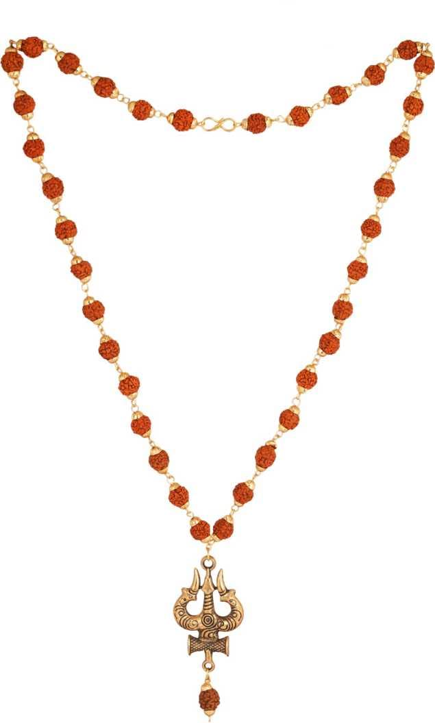 ASTRODIDI Lord Shiva Trishul Damru Pendant Locket With Golden Brass Cap Puchmukhi Rudraksha Beads Chain | Spiritual Shiv Shankar Mala for Men and Women