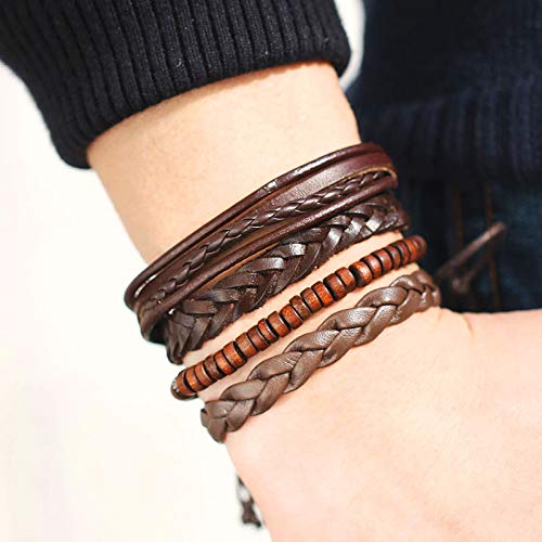 Shining Diva Fashion Brown Leather Stylish Bracelets for Men and Boys (Set of 4) (9891b)