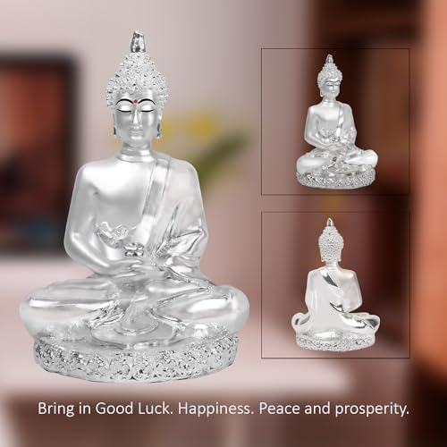 DIVINITI Buddha Idol for Home Decor Showpiece 999 Silver Plated Statue of Buddha Meditation Ji Murti for Puja Room, Festival Gift Lord Figurine Peace & Positivity (8 X 6 CM)