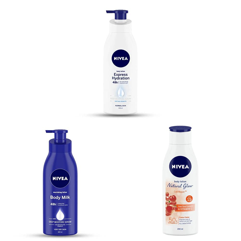 NIVEA Body Lotion For Men & Women, 400 ml & NIVEA Body Lotion for Very Dry Skin, 400 ml & NIVEA Body Lotion Natural Glow, Cell Repair, SPF 15 & 50x Vitamin C 200 ml