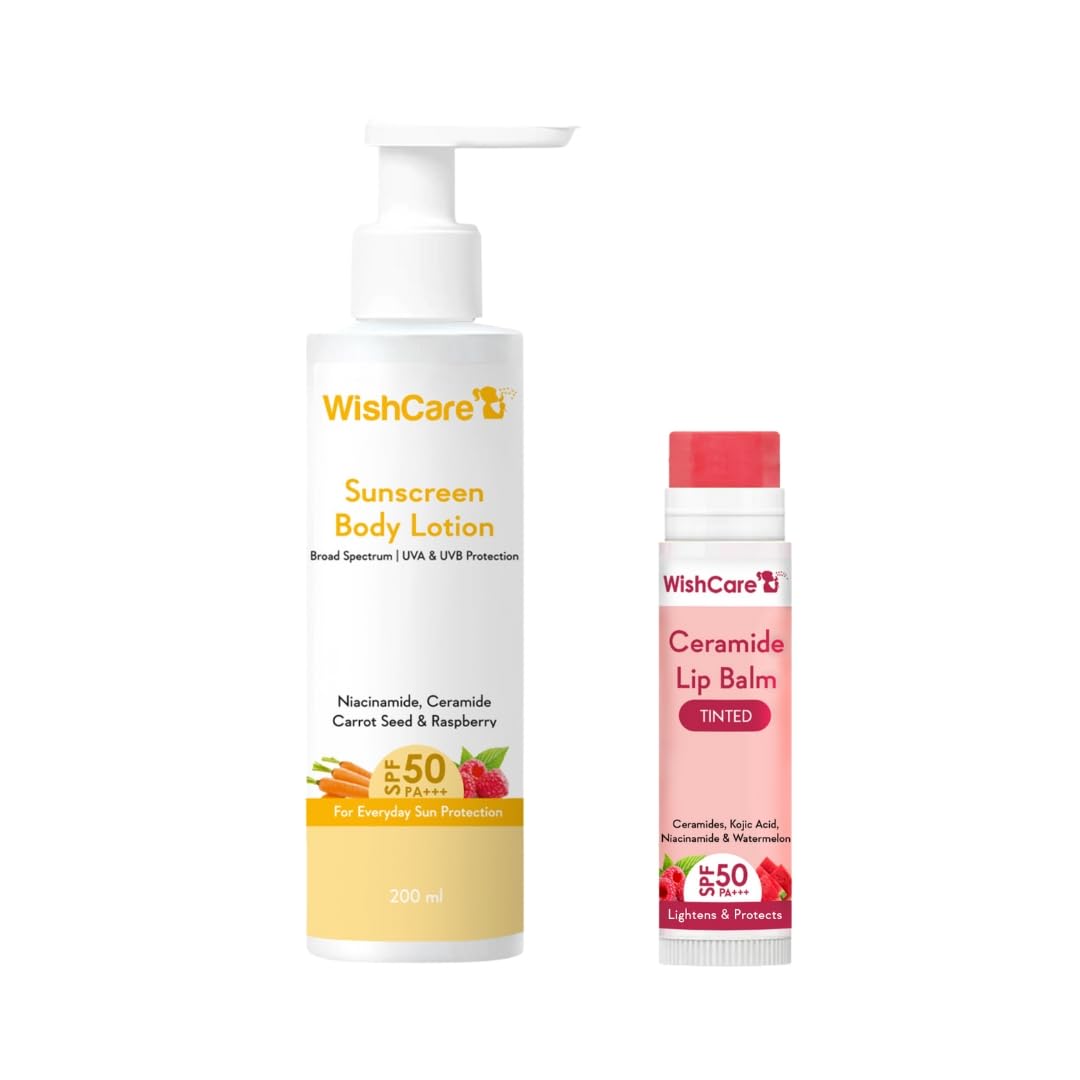 WishCare Sunscreen Body Lotion with SPF 50 PA++++ In- Vivo Tested | Body Sunscreen SPF50 With Broad Spectrum UVA & UVB Protection, No White Cast | With Carrot Seed & Raspberry | For All Skin Types | For Women & Men | 200ml