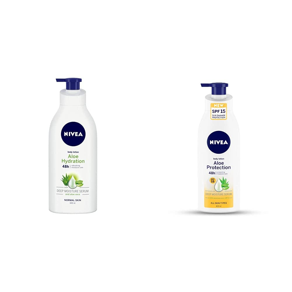 NIVEA Body Lotion, Aloe Hydration, with Aloe Vera, for 48H Moisturization for Men & Women 600 ml & NIVEA Body Lotion, Aloe Protection, with Aloe Vera, for Men & Women, 400 ml
