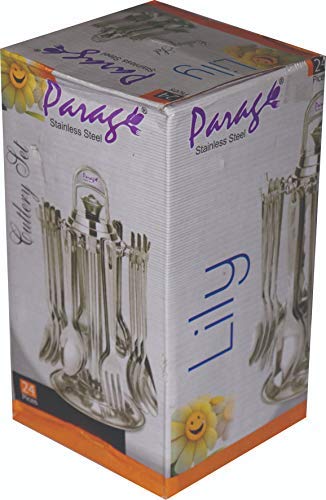 Parage 24 Pieces Lily Cutlery Set Stainless Steel with Stand (Contains 6 Dinner Spoons, 6 Tea Spoon, 6 Dinner Fork, 6 Soup Spoons, 1 Stand) Spoon Set for Dining Table Stylish, Mirror Polished