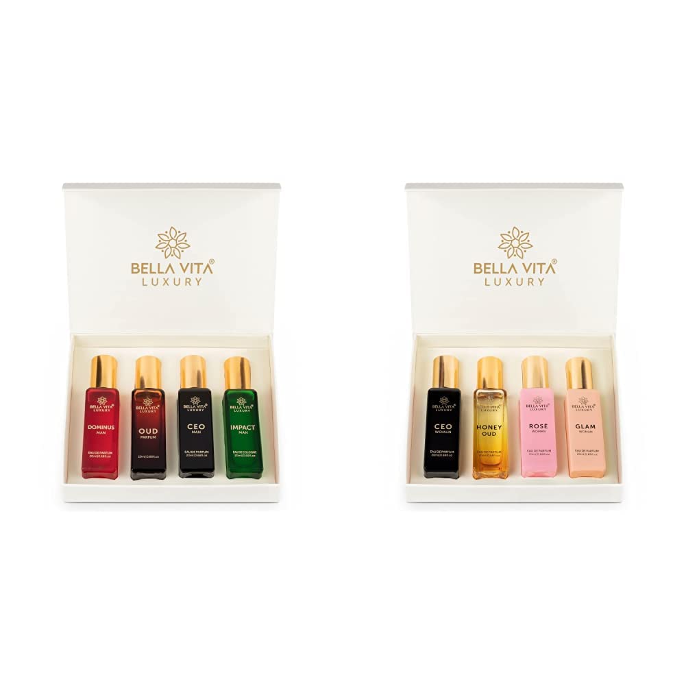Bella Vita Luxury Organic Luxury Woman Liquid Eau De Parfum Gift Set For Women, 4X20Ml With Date & Luxury Man Perfume Gift Set For Men, 4 X 20Ml With Klub