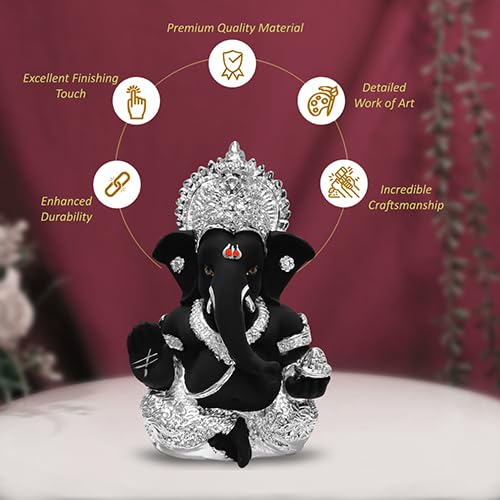 DIVINITI 999 Silver Plated Ganesha Idol for Home Decor Puja |Ganesh Idol for Home Decor Ganpati for Gift 3.5 inches |Ganesh Statue Gift for Office Desk Puja Room Figurine (8.89 x 5.08 cm) (Black)