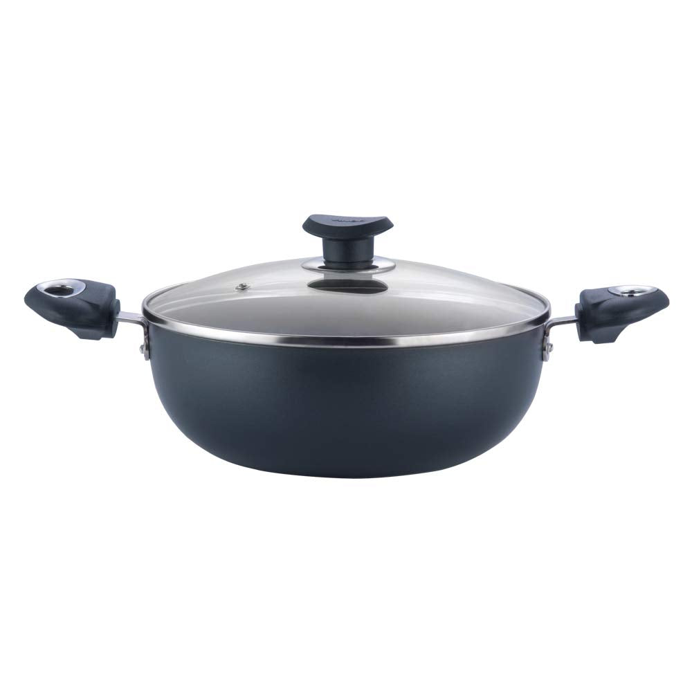 Vinod Marbilo Aluminium Black Non-Stick Deep Kadai with Glass Lid- 24 cm, 3.1 L (Induction Friendly)