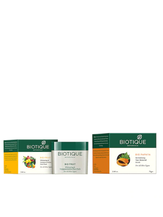 Biotique Bio Fruit Whitening and Depigmentation Face Pack, 75g|Bio Papaya Revitalizing Tan Removal Scrub, 75 g|Set of 2 Items