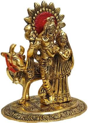 KridayKraft Metal Radha Krishna Standing with Cow Statue for Decorative Home Office and Gifts