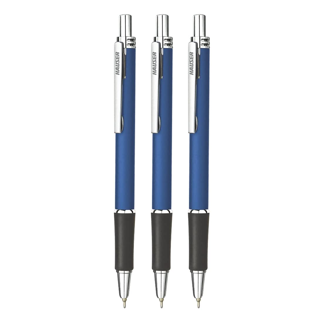 Hauser Trent Retractable Ball Pen Box Pack | 0.7 mm Tip Size | Slim Clip Design With Chrome Plated Body | Comfortable Grip & Smudge Free Writing | Refillable Ball Pen | Blue Ink, Pack of 3