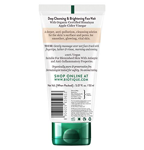 Biotique Apple Cider Vinegar Deep Cleansing Face Wash for All Skin Types, 150ml | Deep Cleansing & Exfoliation | 100% Botanical Extracts