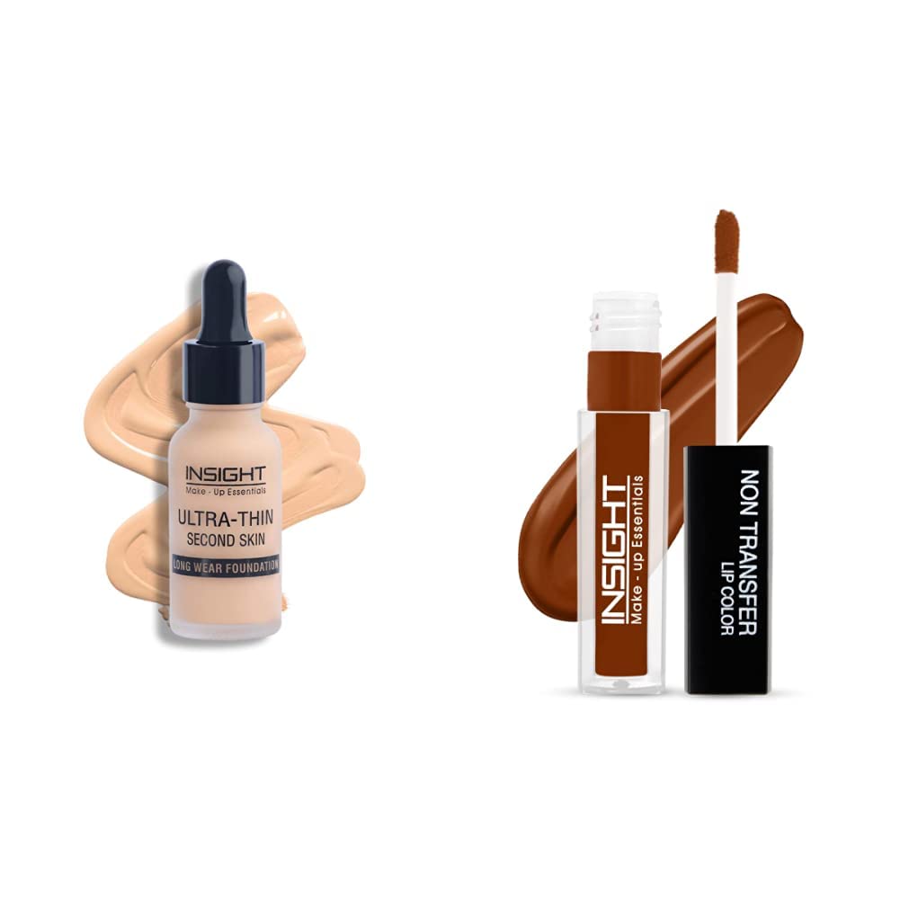 INSIGHT Cosmetics Ultra-Thin Second Skin Light Coverage Long Wear Liquid,Acne Prone Creamnatural Foundation,20Ml(01-Golden Honey)& Non Transfer Lip Color,Matte Finish,4Ml(01 Joyfull),Pack Of 1