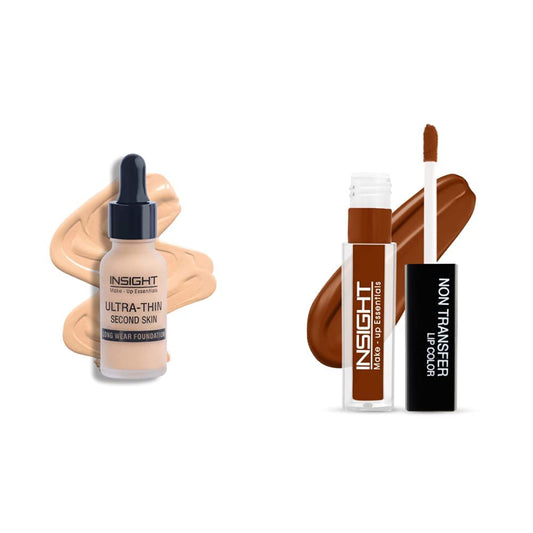 INSIGHT Cosmetics Ultra-Thin Second Skin Light Coverage Long Wear Liquid,Acne Prone Creamnatural Foundation,20Ml(01-Golden Honey)& Non Transfer Lip Color,Matte Finish,4Ml(01 Joyfull),Pack Of 1