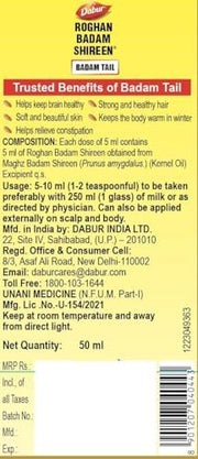 Dabur Roghan Badam Shireen - 100 ml | 100% Pure Sweet Badam Oil | Rich in Vitamin-E | For Healthy Hair & Skin | Sharpens Brain | Improves Digestion | Extracted From Almonds