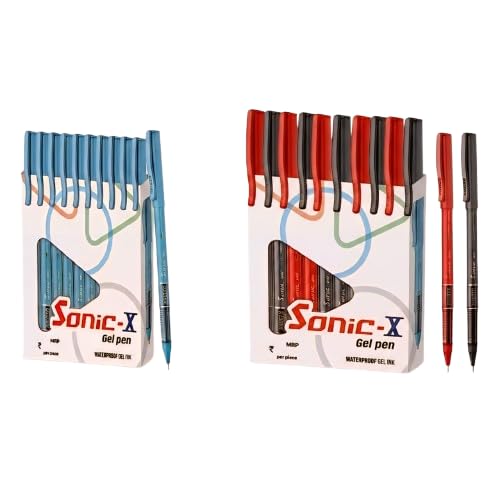 Hauser Sonic X Gel Pen-Waterproof Ink- Pack of 30 (Blue-20, Black-5, Red-5)| Low Viscosity Ink For Smooth & Break-Free Writing| Ergonomic Comfortable Grip For Long Writing| Sturdy Body & Refillable