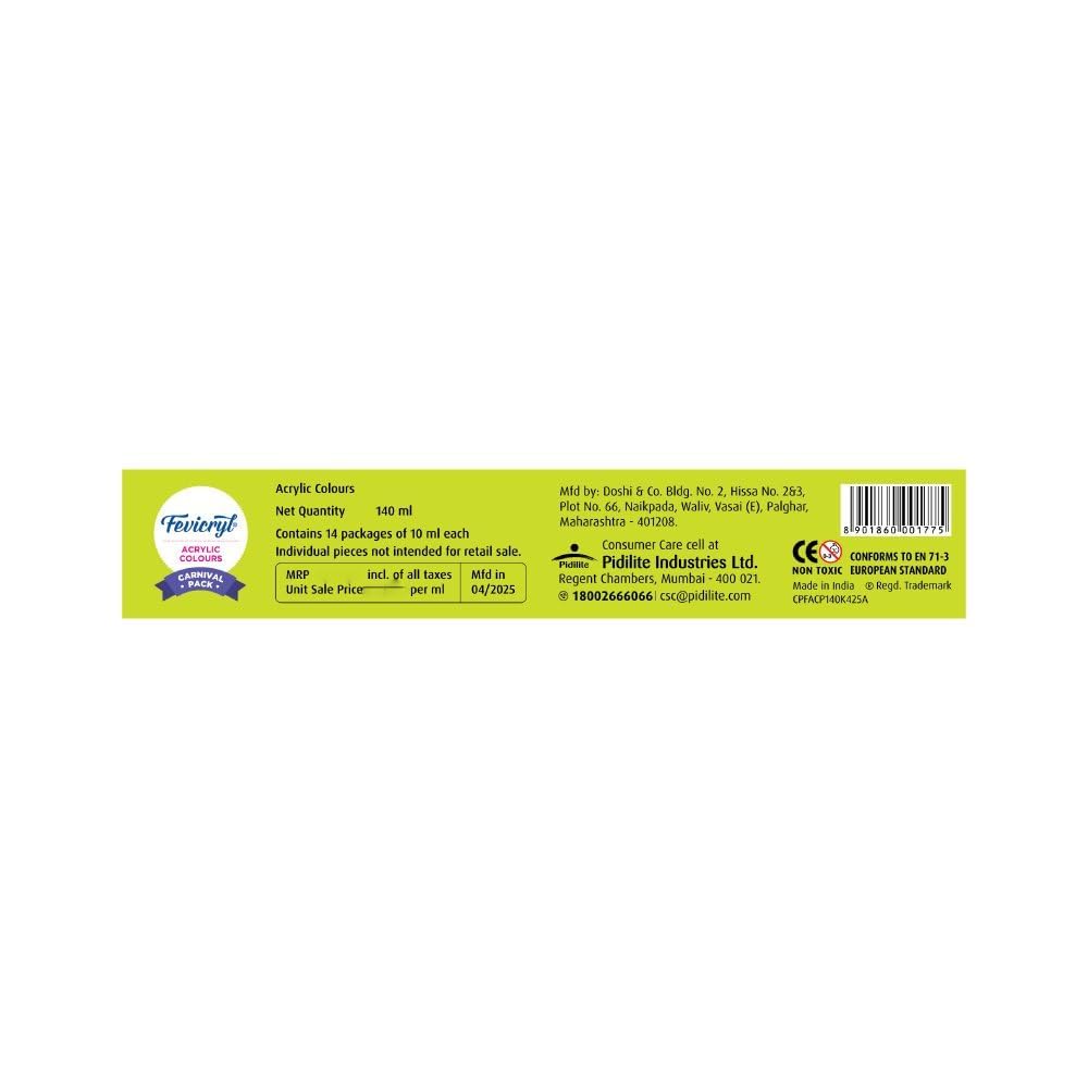 Fevicryl Carnival Kit, 10 ml x 14 Acrylic Colour in Primary, Pastel & Pearl Metallic Shades, Vibrant Paints for Canvas, Fabric, Wood, Glass, Non-Toxic, DIY Art & Craft