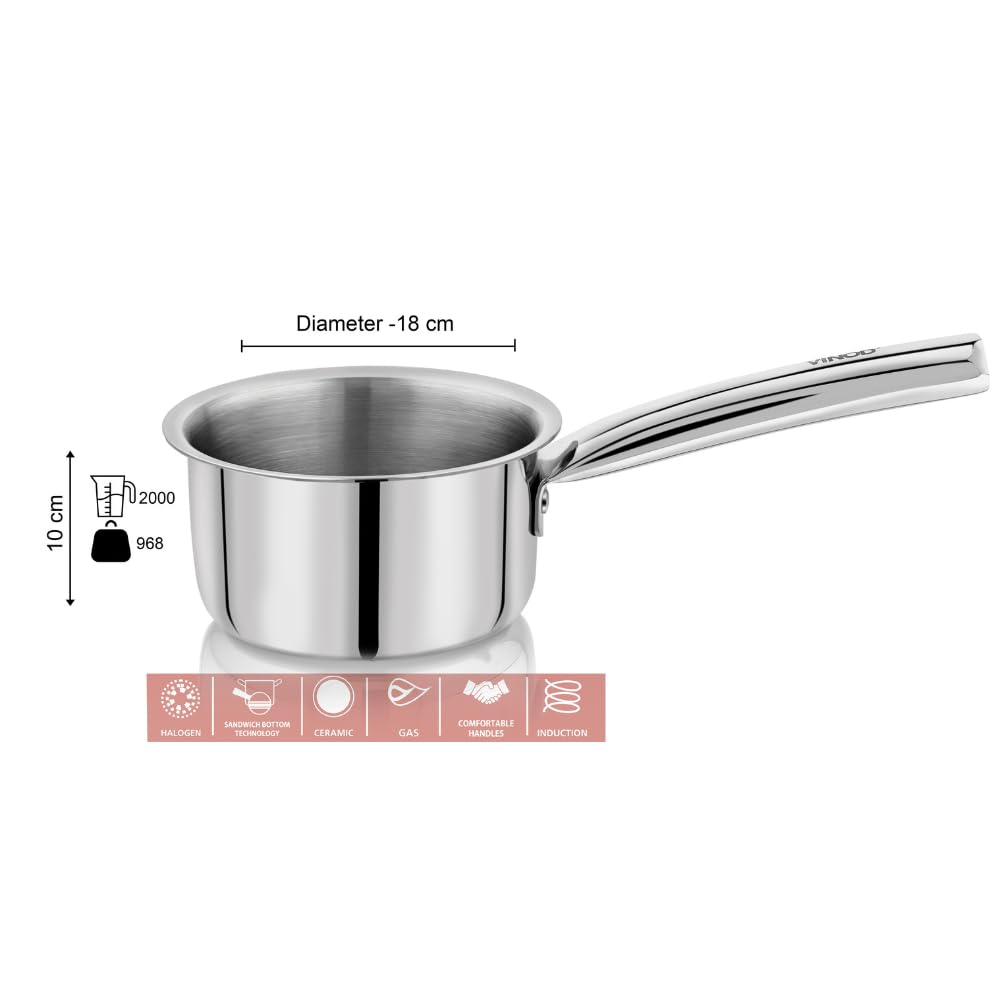 Vinod – Claro Heavy Gauge Stainless Steel Sauce Pan (Plain), 1.5 mm – Capacity 2 LTR (18cm)