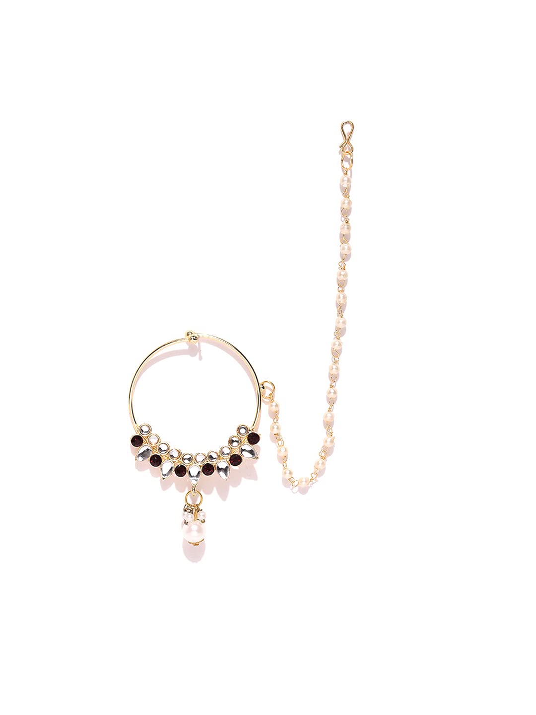 Priyaasi Gold-Plated Stones Studded Round Nath with Pearls Chain