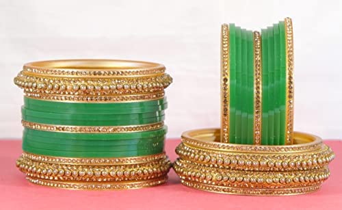 NMII Golden Traditional Acrylic Plastic Chuda Set For Bridal Women & Girls with Zircon Stone & Beads | Bridal Bangles For Wedding | Plastic Chura Set Punjabi Bangles ,(-Dark Green-2.4), Pack Of 30 Bangle