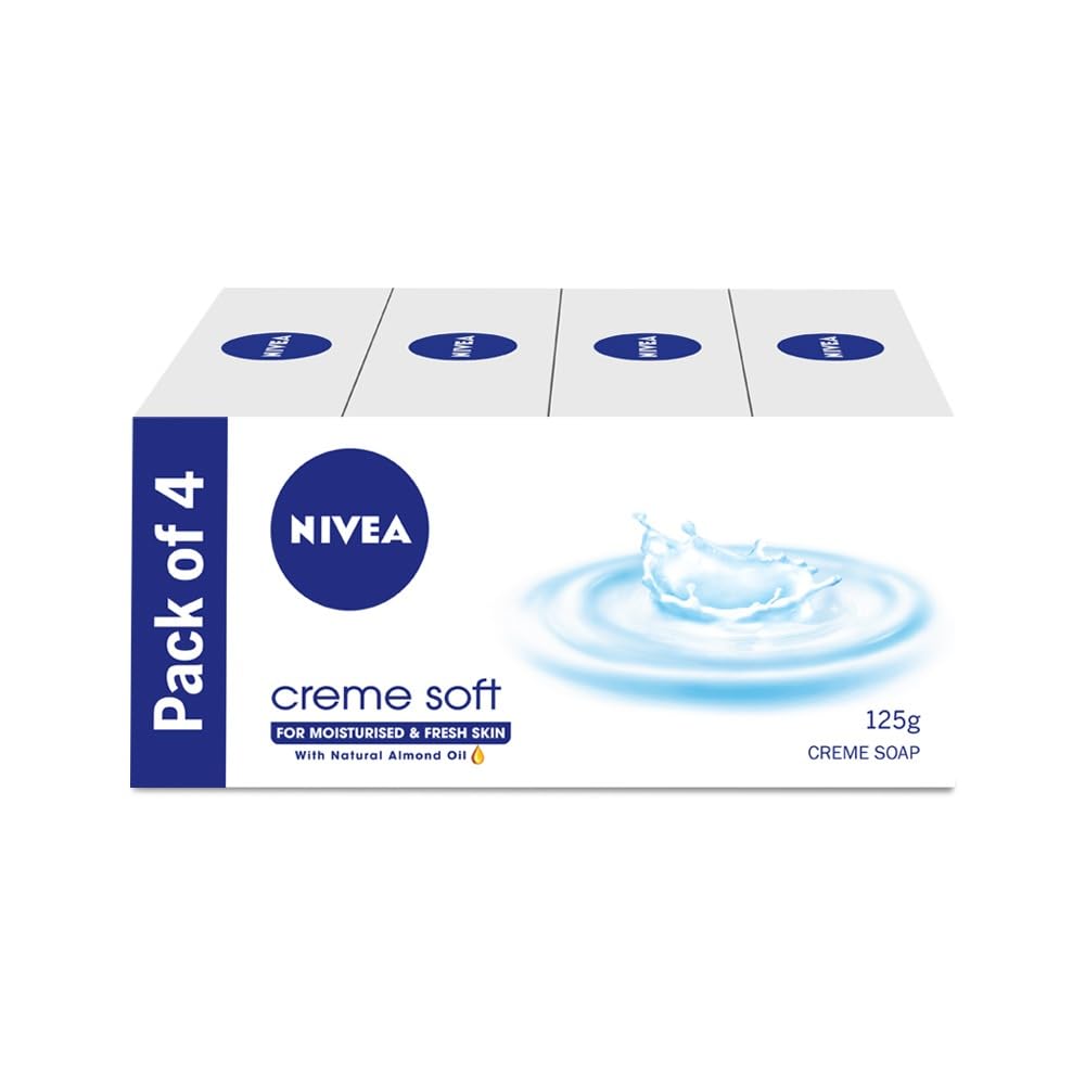 NIVEA Creme Soft Soap with Natural Almond Oil, Moisturizing Beauty Bath Soap & Cream Soap for Hands & Body, Rich Creamy Lather for Soft, Smooth & Healthy Skin, Gentle Daily Cleansing, Pack of 4 x 125 g