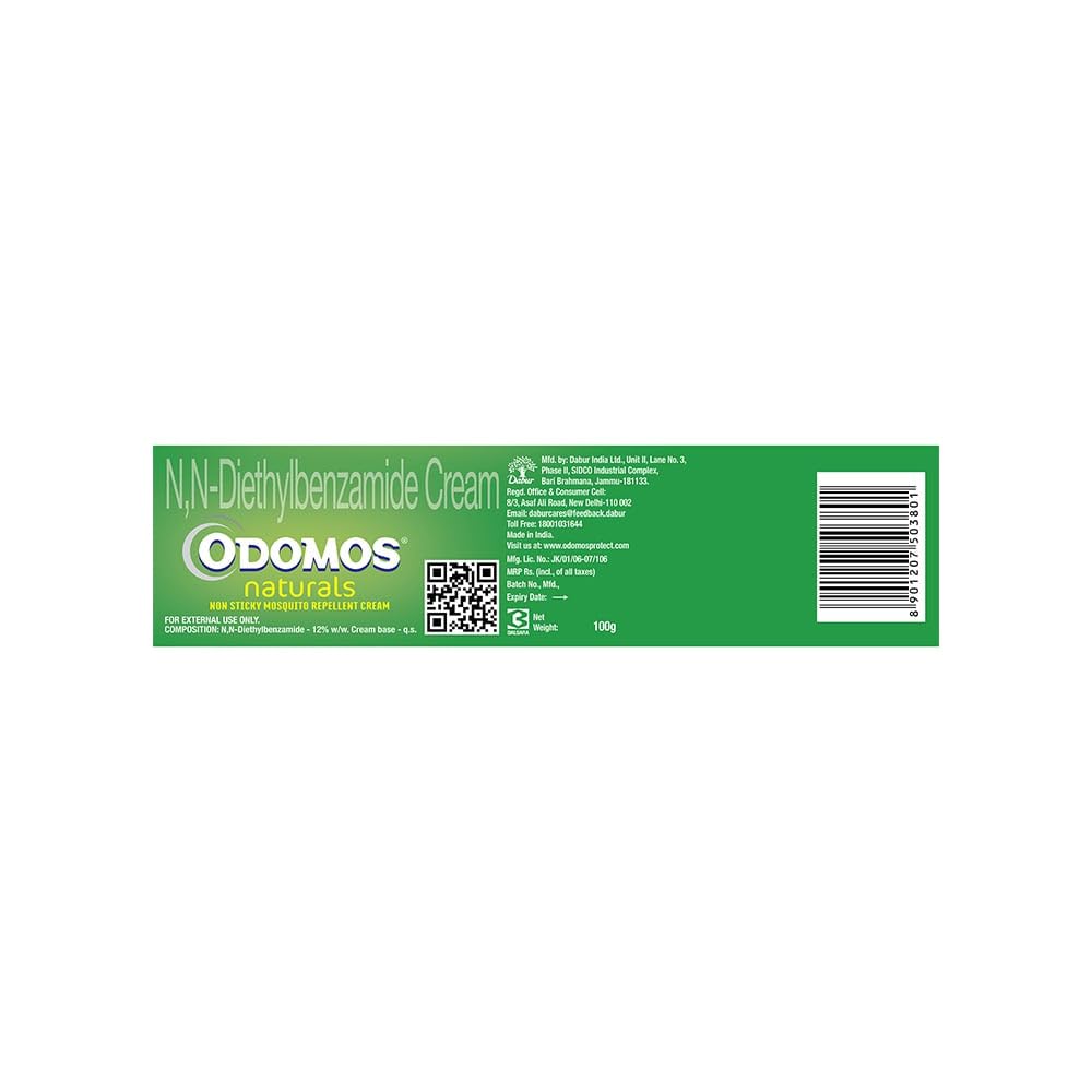 Dabur Odomos Naturals Non-Sticky Mosquito Repellent Cream – 100 gm | DEET-Free | Skin-Friendly Herbal Protection | Safe for Kids & Adults