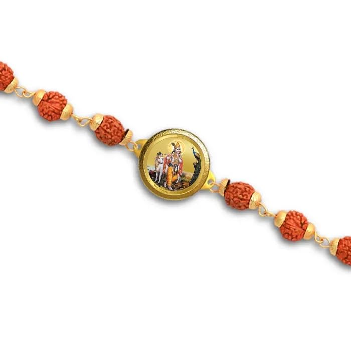Diviniti krishna with Surbhi Cow Rudraksha Rakhi with 24K Gold Plated Foil Divine Raksha Bandhan Gift