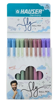 Hauser FLY 0.7mm Fine Precision Tip Ball Pen-Blue Ink-Pack of 10 | 5 Pastel Shades Matt Finish Body Colors | LV Ink For Smooth & Break-Free Writing | Smudge Free, Non-Fading & Quick-Dry Ink