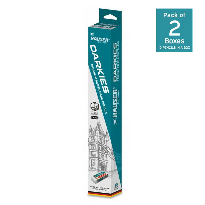 Hauser Darkies Super Dark Graphite Pencils | 2.4 mm Lead | Jumbo Dust Free Eraser | 20 Pencils | Super Dark Lines | Lightweight With Comfortable Grip | 10 Pencils x 2 Box