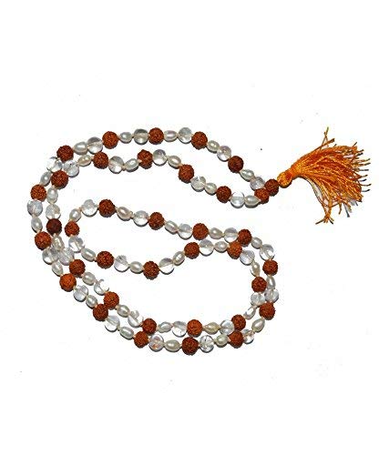RUDRADIVINE 108+1 Beads Brown Rudraksha, Sphatik and Moti Japa Mala for Men and Women