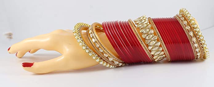 NMII Traditional Gold Plated Acrylic Bangles Bridal Chuda Set For Women & Girls with Zircon Diamond & Pearls Beads Work | Royal Wedding Chudas | Premium Look | Bangles For Wedding, Festive, Function