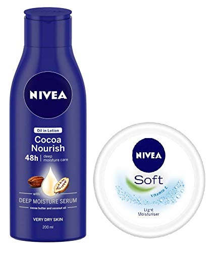 Nivea Oil in Lotion Cocoa Nourish- 200ml + NIVEA Soft Light Moisturiser With Vitamin E- 50ml- Pack Of 2