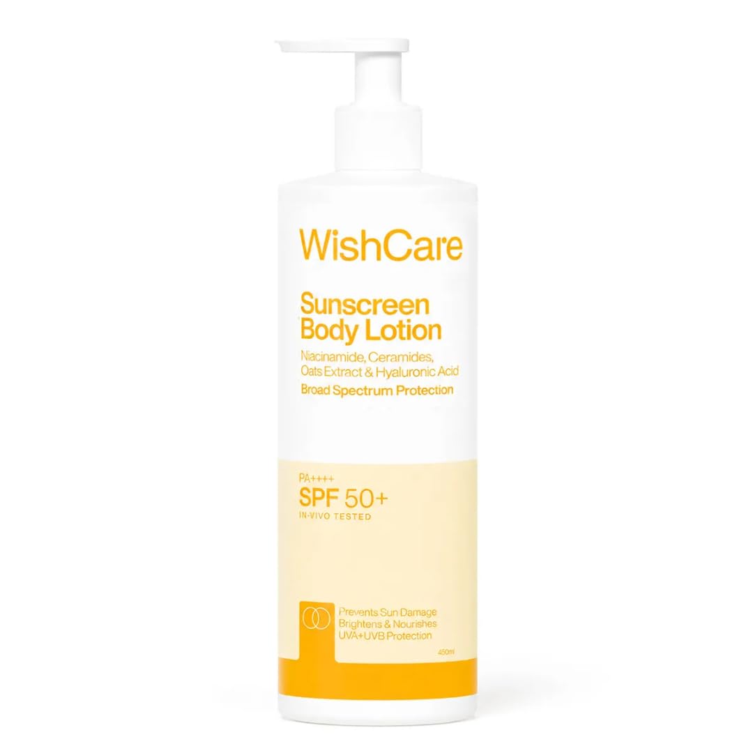 WishCare Sunscreen Body Lotion with SPF 50 PA++++ In- Vivo Tested | Body Sunscreen With Broad Spectrum UVA & UVB Protection, No White Cast | With Carrot Seed & Raspberry | For All Skin Types | For Women & Men | 450ml