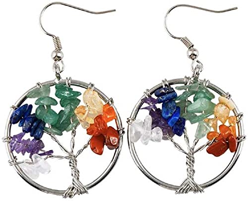 ASTRODIDI Natural 7 Chakra Stones Agate Multicolor Handcrafted Light Weight Round Tree Style Earring Rainbow Tree Reiki Gemstones Agate Hoop Earring