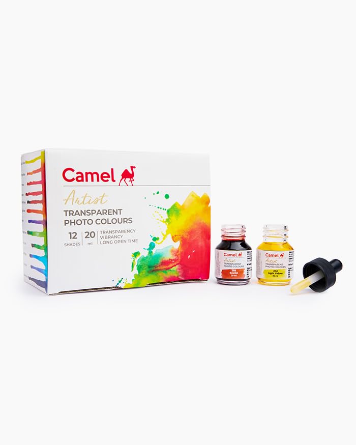 Camel Photo Colours Set of 12 Assorted Shades | Transparent Water-Based Colours for Photo Tinting, Illustration, Glass Painting & Creative Art | Rich Pigmented Smooth Blendable