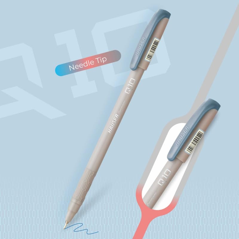 Hauser Q10 Ball Pen Pack | Trendy Durable Plastic Clip | Comfortable Rubber Grip For Smudge Free Writing | Attractive Solid Grey Body | Low-Viscosity Ink | Blue Ink, Set Of 10 x 4 Pack