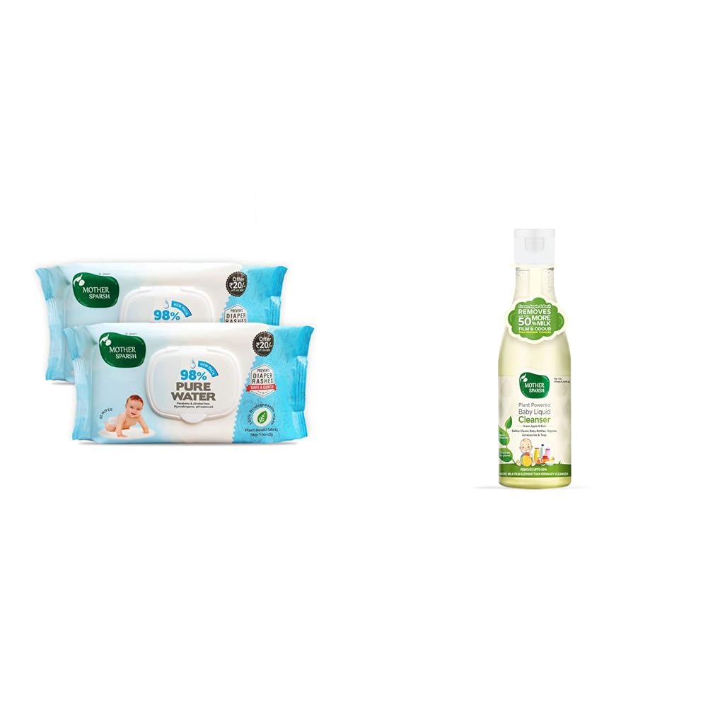 Mother Sparsh 98% Water Based Baby Wipes I Plant made Baby Wet Wipes I 80 Pcs wipes with lid, Pack of 2 & Mother Sparsh Natural Baby Liquid Cleanser 175ml