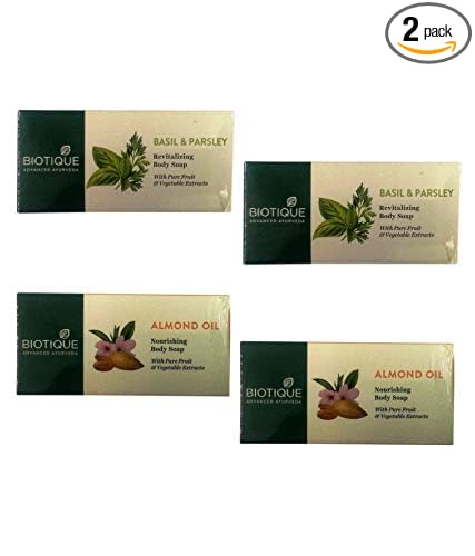 Biotique Combo Pack of 2 Basil and Parsley Revitalizing Body Soap 150 g and 2 Almond Oil Nourishing Body Soap, 150 g