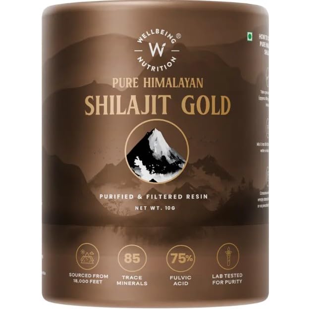 Wellbeing Nutrition Himalayan Shilajit Original Resin 10g for Men & Women | Contains 24K Gold Leaf, Ashwagandha & Safed Museli | 85 Trace Minerals, 100% Ayurvedic | For Energy, Stamina & Performance
