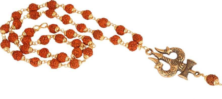 ASTRODIDI Lord Shiva Trishul Damru Pendant Locket With Golden Brass Cap Puchmukhi Rudraksha Beads Chain | Spiritual Shiv Shankar Mala for Men and Women